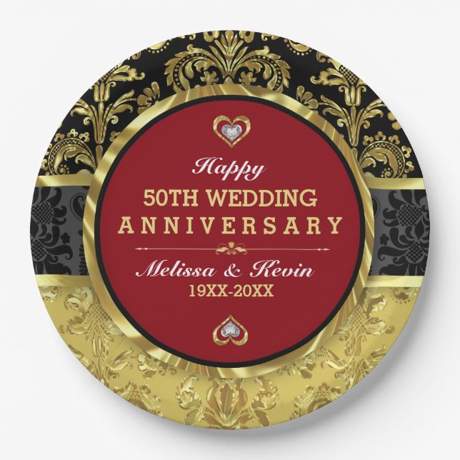 50th Wedding Anniversary Red Gold And Black Paper Plate (Front)