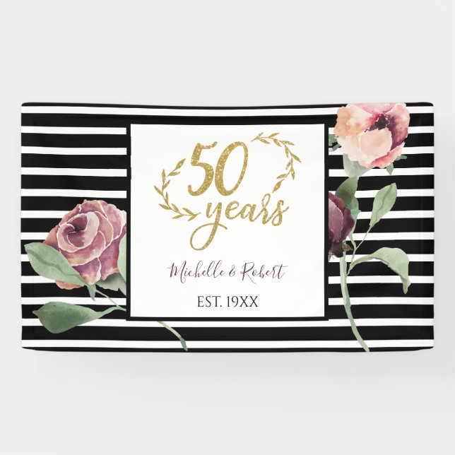 50th Wedding Anniversary Red Rose Gold Glitter 50 Banner (Horizontal)