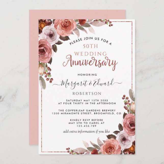 50th Wedding Anniversary Rose Gold Blush Floral Invitation (Front/Back)