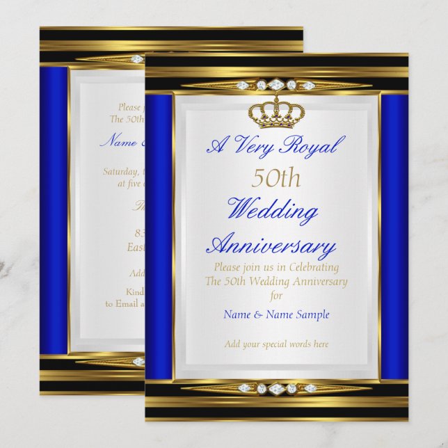 50th Wedding Anniversary Royal Blue Gold Crown 2 Invitation (Front/Back)