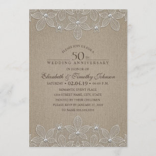 50th Wedding Anniversary Rustic Burlap and Lace Invitation