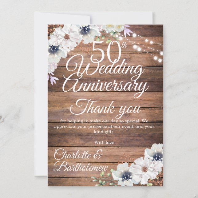 50th Wedding Anniversary Rustic Floral Thank You Card (Front)
