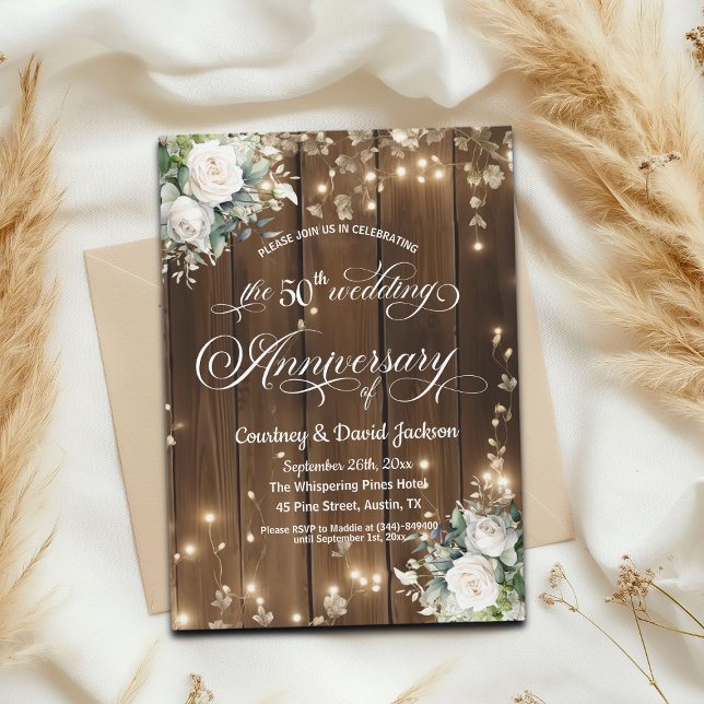 50th Wedding Anniversary Rustic String Lights  Invitation (Creator Uploaded)