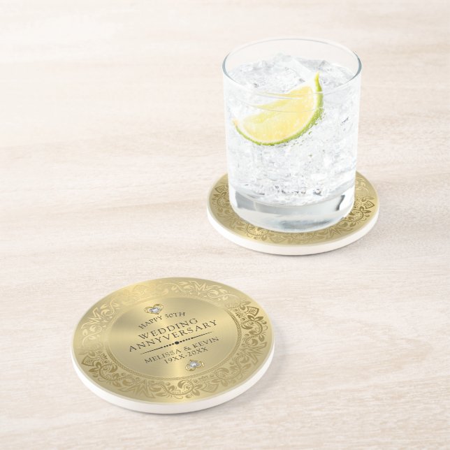 50th Wedding Anniversary Shiny Floral gold Frame Coaster (Side)