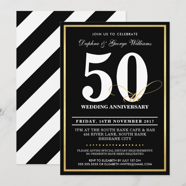 50TH WEDDING ANNIVERSARY stylish gold INVITES (Front/Back)