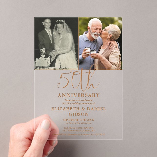50th Wedding Anniversary Then And Now 2 Photo Acrylic Invitations (Insitu (Handheld))