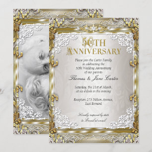 50th Wedding Anniversary Vintage Gold Beige Photo Invitation