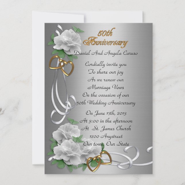 50th Wedding anniversary vow renewal  white roses Invitation (Front)
