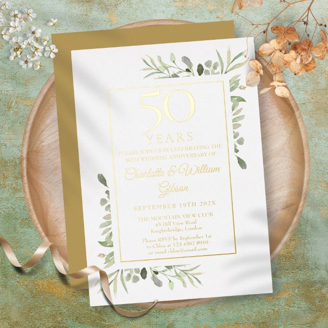 50th Wedding Anniversary Watercolor Greenery Gold (50th Wedding Anniversary Watercolor Greenery Gold Foil Invitation)
