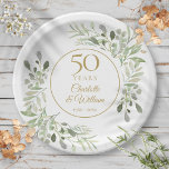 50th Wedding Anniversary Watercolor Greenery  Paper Plate<br><div class="desc">Featuring delicate soft watercolour leaves,  this chic botanical 50th wedding anniversary design can be personalised with your special fiftieth-anniversary information in elegant gold text. Designed by Thisisnotme©</div>