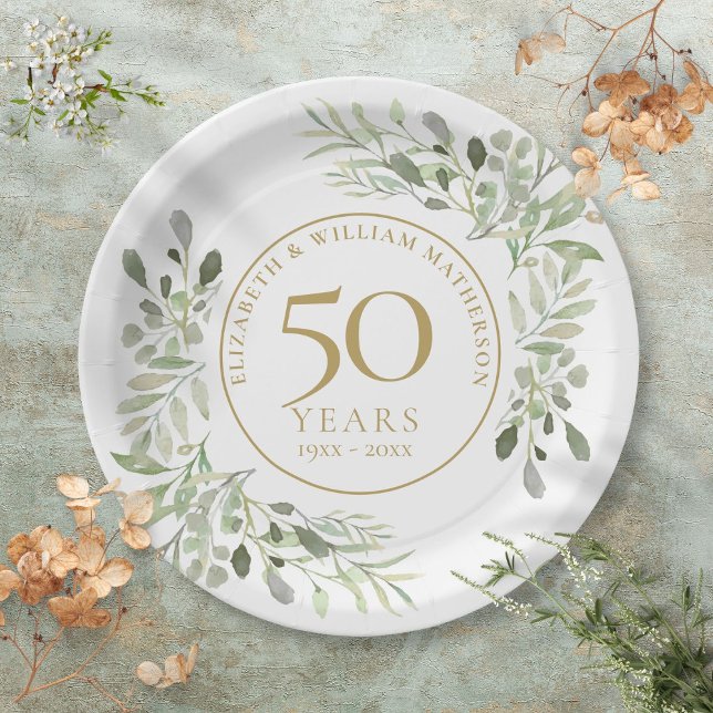 50th Wedding Anniversary Watercolor Greenery Paper Plate (50th Wedding Anniversary Watercolor Greenery Paper Plates)