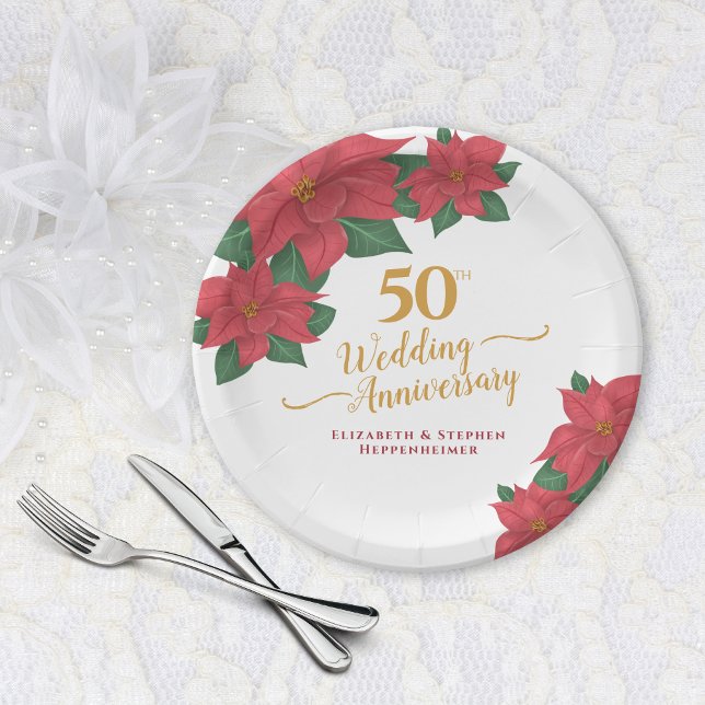 50th Wedding Anniversary Watercolor Red Poinsettia Paper Plate (50th Wedding Anniversary Watercolor Red Poinsettia Paper Plates)