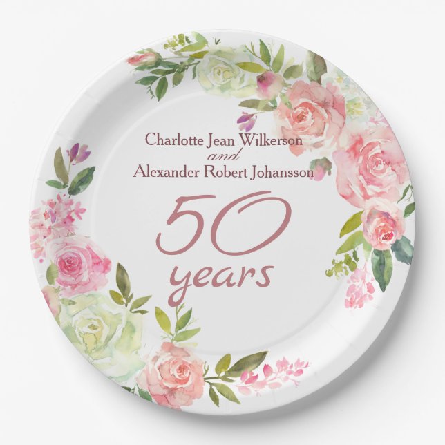 50th Wedding Anniversary Watercolor Roses Paper Plate (Front)