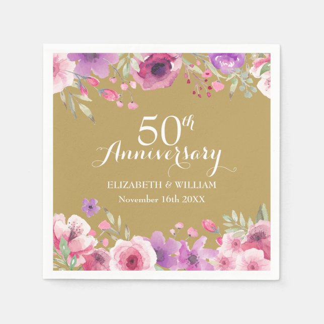 50th Wedding Anniversary Watercolour Roses Napkin (Front)