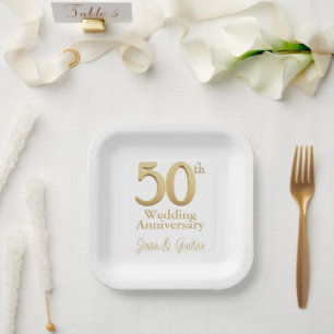 50th Wedding Anniversary White and Gold Paper Plate