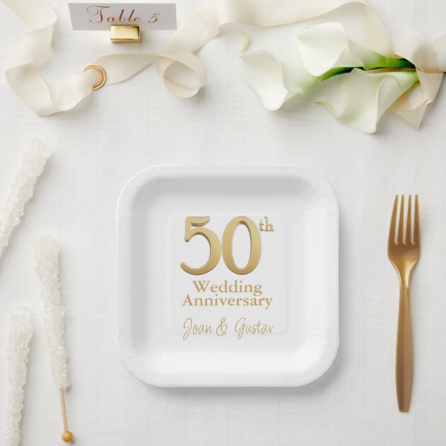 50th Wedding Anniversary | White and Gold Paper Plate (Wedding)