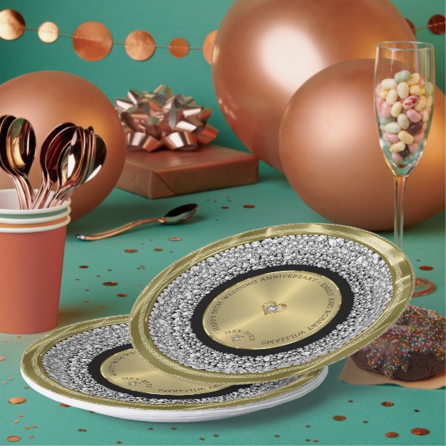 50th wedding Anniversary white diamonds & gold Rou Paper Plate (Multi)