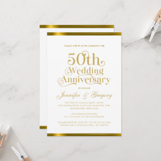 50th Wedding Anniversary White Gold Typography Invitation