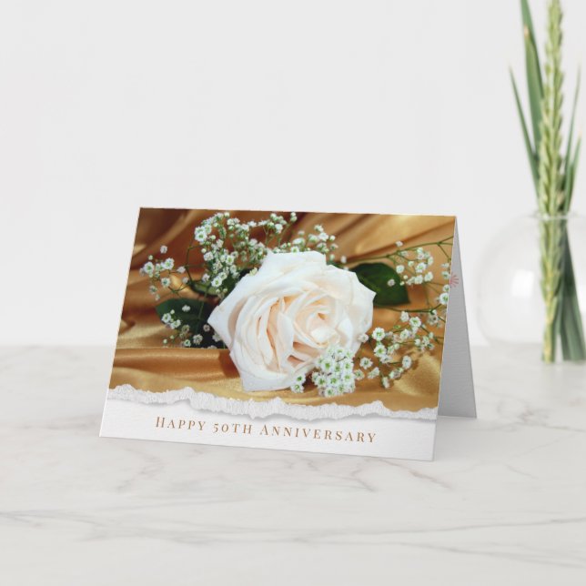 50th wedding anniversary white rose on gold card (Front)