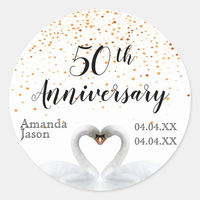 50th wedding anniversary white swans gold confetti classic round sticker (Front)