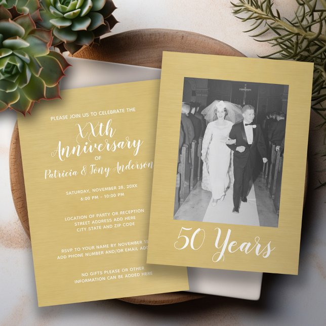 50th Wedding Anniversary with Photo - Brushed Gold Invitation (Wedding Anniversary Invitation - Modern Design with Photo)