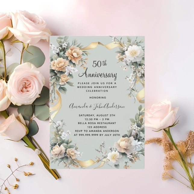 50th wedding anniversary yellow florals gold invitation (Creator Uploaded)