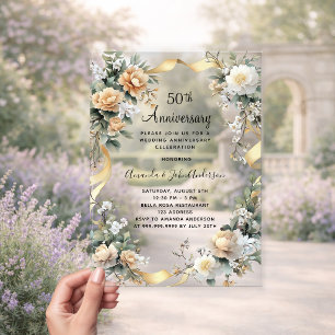 50th wedding anniversary yellow florals golden acrylic invitations
