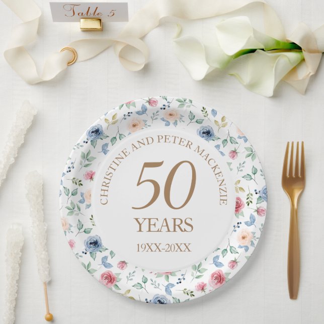 50th Wedding Blush Roses Anniversary Paper Plate (Wedding)