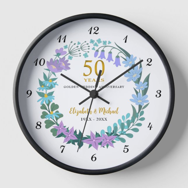50th Wedding Golden Anniversary Bluebells Wreath Clock (Front)