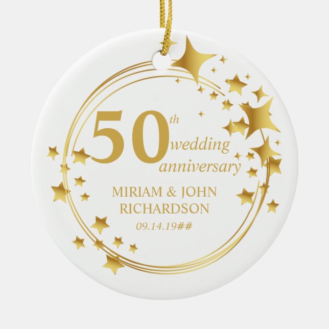 50th Wedding Photo Gold Star Wreath Personalized Ceramic Ornament (Front)