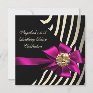 50th Zebra Pink Gold Cream Black Birthday Party Invitation