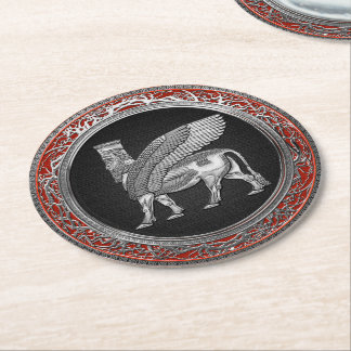 [510] Assyrian Winged Bull - Silver Lamassu Round Paper Coaster