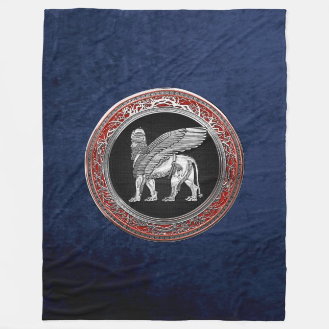 [510] Assyrian Winged Lion - Silver Lamassu Fleece Blanket (Front)