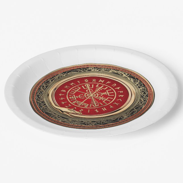 [510] Vegvisir - Viking Gold Magic Runic Compass Paper Plate (Angled)
