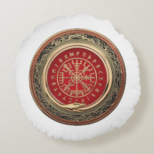 [510] Vegvisir - Viking Gold Magic Runic Compass Round Pillow