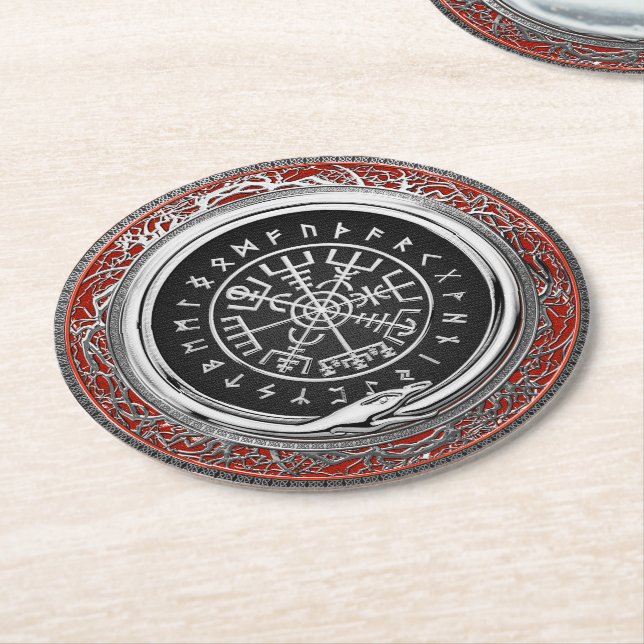 [510] Vegvisir - Viking Silver Magic Runic Compass Round Paper Coaster (Angled)
