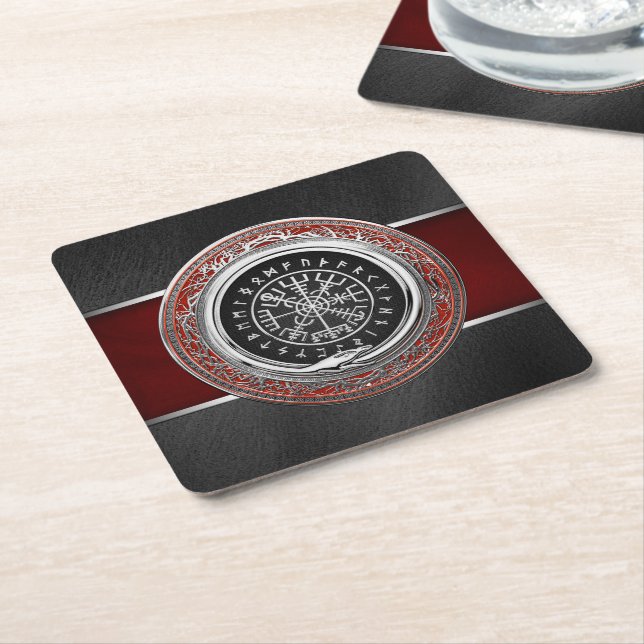 [510] Vegvisir - Viking Silver Magic Runic Compass Square Paper Coaster (Angled)