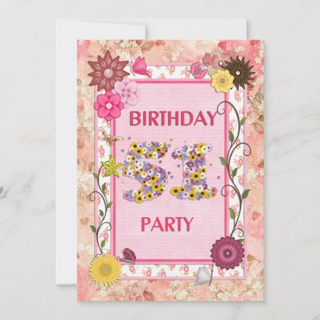 51e anniversaire invitation fête avec cadre fleuri (Devant)