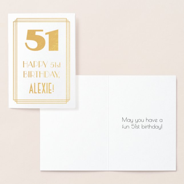 51st Birthday: Art Deco Inspired Look "51" & Name Foil Card (Display)