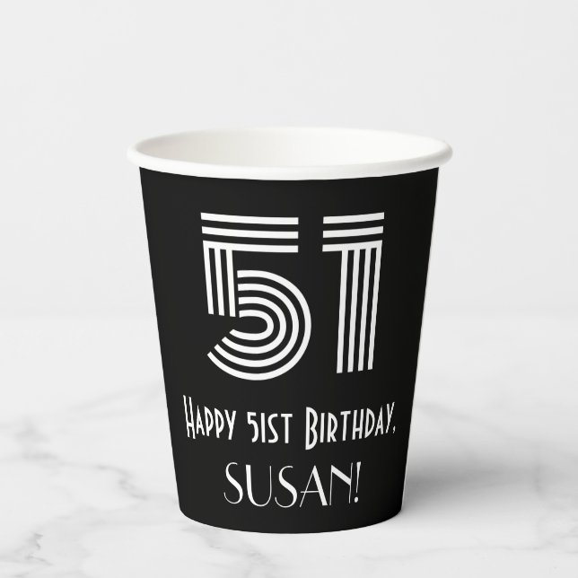 51st Birthday — Art Deco Inspired Look “51” + Name Paper Cups (Back)
