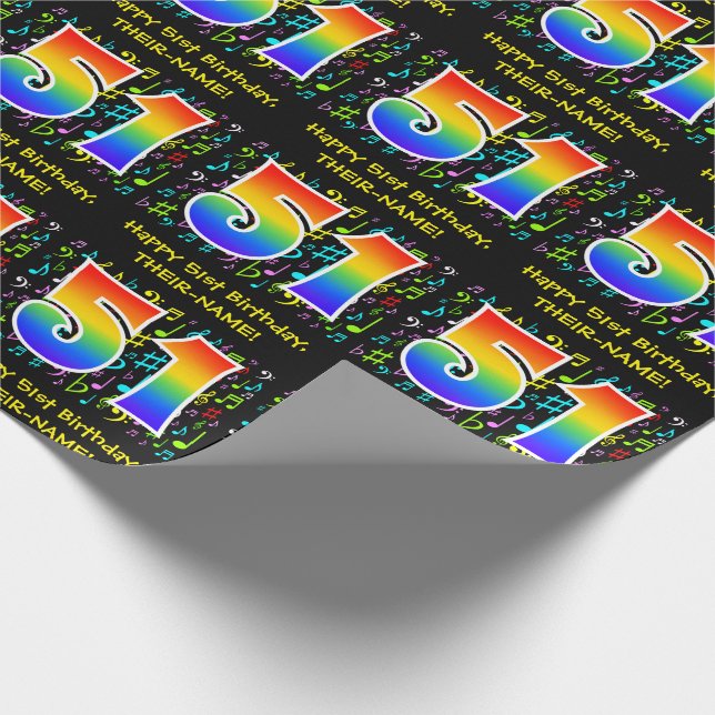 51st Birthday: Colourful Music Symbols, Rainbow 51 Wrapping Paper (Corner)