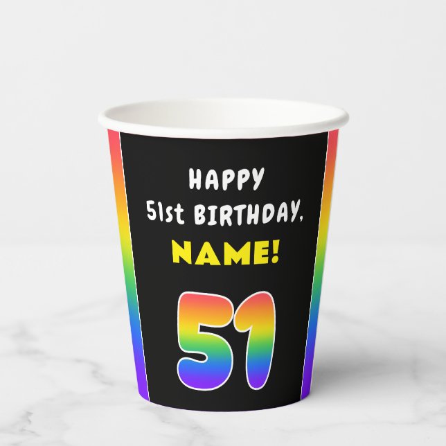 51st Birthday: Colourful Rainbow # 51, Custom Name Paper Cups (Back)