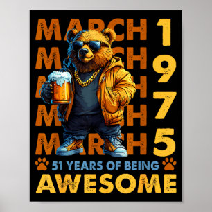 51st birthday cool bear march 1975 vintage 51 year poster