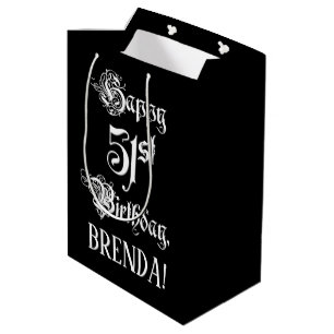 51st Birthday: Fancy, Elegant Script + Custom Name Medium Gift Bag