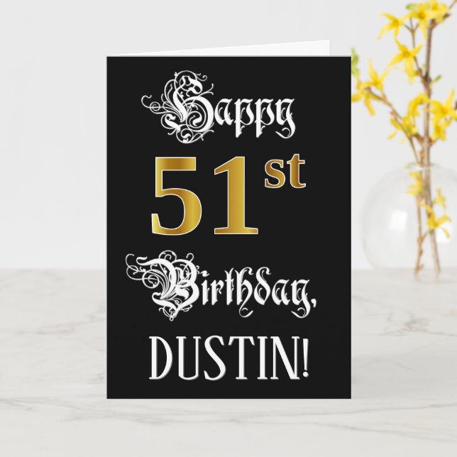 51st Birthday — Fancy Script; Faux Gold Look; Name Card (Yellow Flower)