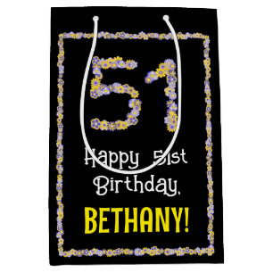 51st Birthday: Floral Flowers Number, Custom Name Medium Gift Bag