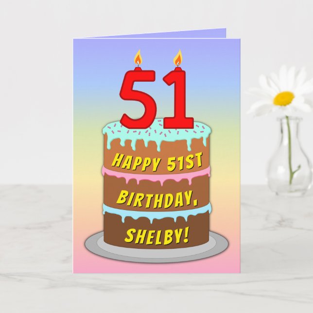 51st Birthday — Fun Cake & Candles, w/ Custom Name Card (Small Plant)