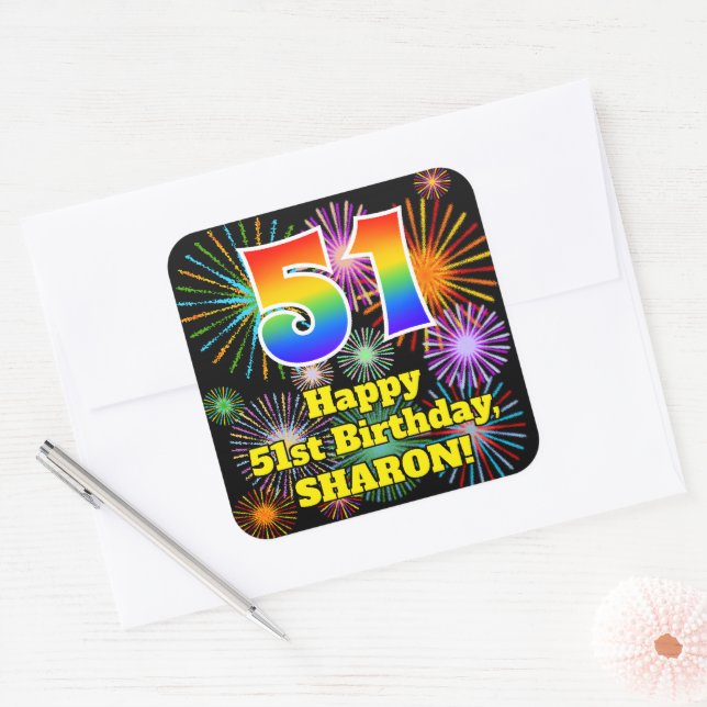 51st Birthday: Fun Fireworks Look, Rainbow # 51 Square Sticker (Envelope)