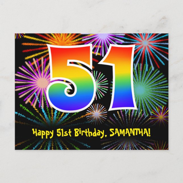 51st Birthday – Fun Fireworks Pattern + Rainbow 51 Postcard (Front)