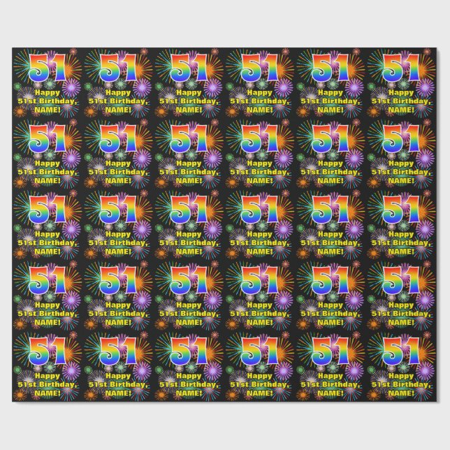 51st Birthday: Fun Fireworks, Rainbow Look # “51” Wrapping Paper (Flat)